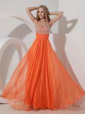 Not Expensive Spaghetti Straps Orange Chiffon Beaded Prom Dress