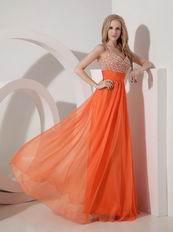 Not Expensive Spaghetti Straps Orange Chiffon Beaded Prom Dress