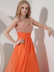 Not Expensive Spaghetti Straps Orange Chiffon Beaded Prom Dress