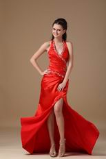 Sexy Halter Side Split Skirt Floor Length Scarlet Prom Dress