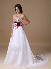 Cheap White Prom Dress With Wine Red Embroidery Details