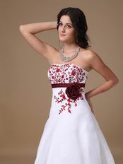 Cheap White Prom Dress With Wine Red Embroidery Details