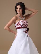 Cheap White Prom Dress With Wine Red Embroidery Details