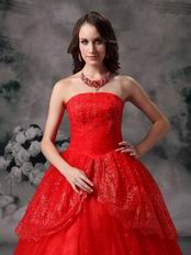 Strapless Wine Red Organza Puffy Prom Quinceanera Dress