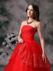 Strapless Wine Red Organza Puffy Prom Quinceanera Dress