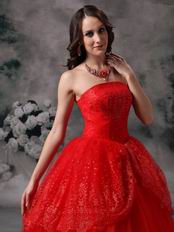 Strapless Wine Red Organza Puffy Prom Quinceanera Dress