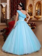Trimed A-line One Shoulder Light Aquq Blue Prom Ball Gown