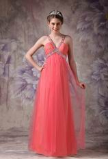 Cheap V-neck Watermelon Chiffon Dress For 2014 Prom Wear