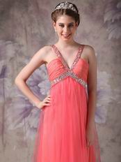 Cheap V-neck Watermelon Chiffon Dress For 2014 Prom Wear