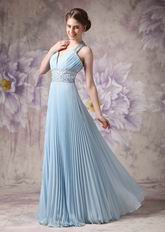 Halter Top Pleated Baby Blue Girls Wear Prom Dresses