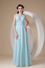 V Neck Floor Length Chiffon Skirt Baby Blue Prom Dress Maker