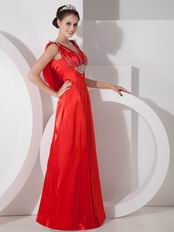 Empire Waist Scarlet Red Satin Beaded Prom Party Dress