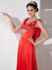 Empire Waist Scarlet Red Satin Beaded Prom Party Dress