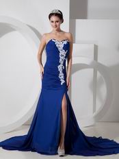 Royal Blue Prom Dress Off-White Appliques With High Leg Side Split