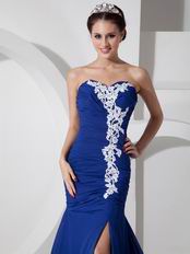 Royal Blue Prom Dress Off-White Appliques With High Leg Side Split