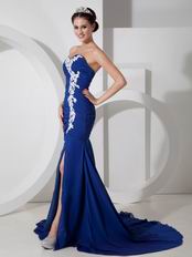 Royal Blue Prom Dress Off-White Appliques With High Leg Side Split