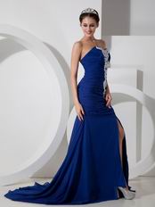 Royal Blue Prom Dress Off-White Appliques With High Leg Side Split