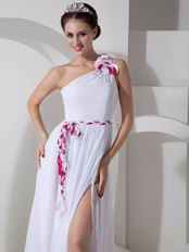 Sexy One Shoulder High Split White Prom Dress With Colorful Sash