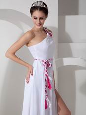 Sexy One Shoulder High Split White Prom Dress With Colorful Sash