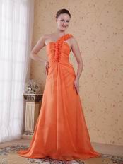 One Shoulder Orange Designer Prom Dress With Rosette Strap