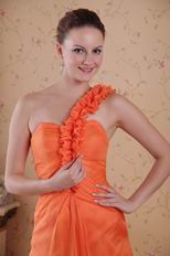 One Shoulder Orange Designer Prom Dress With Rosette Strap