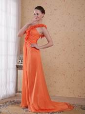 One Shoulder Orange Designer Prom Dress With Rosette Strap