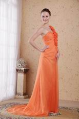 One Shoulder Orange Designer Prom Dress With Rosette Strap