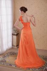 One Shoulder Orange Designer Prom Dress With Rosette Strap