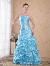 Wholesale Strapless Ruched Skirt Aqua Blue Organza Prom Dress