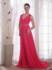 V-neckline Coral Red Chiffon Empire Female Prom Party Wear