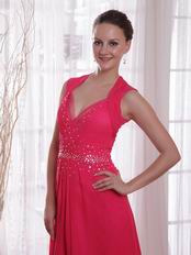 V-neckline Coral Red Chiffon Empire Female Prom Party Wear