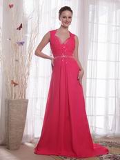 V-neckline Coral Red Chiffon Empire Female Prom Party Wear