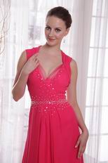 V-neckline Coral Red Chiffon Empire Female Prom Party Wear