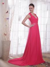 V-neckline Coral Red Chiffon Empire Female Prom Party Wear