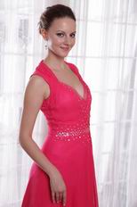 V-neckline Coral Red Chiffon Empire Female Prom Party Wear