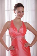 Cross Back Waltermelon Prom Party Dress With Watteau Train