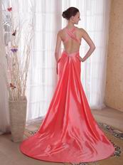 Cross Back Waltermelon Prom Party Dress With Watteau Train