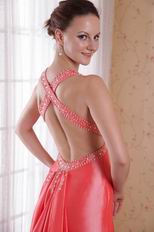 Cross Back Waltermelon Prom Party Dress With Watteau Train