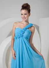 One Shoulder Rosette Strap Aqua Blue Chiffon Latest Prom Dress