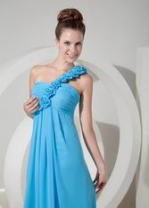 One Shoulder Rosette Strap Aqua Blue Chiffon Latest Prom Dress