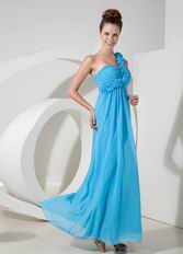 One Shoulder Rosette Strap Aqua Blue Chiffon Latest Prom Dress