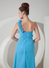 One Shoulder Rosette Strap Aqua Blue Chiffon Latest Prom Dress