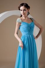 Beaded Cap Sleeves Prom Dress By Aqua Blue Chiffon Fabric