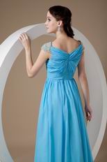 Beaded Cap Sleeves Prom Dress By Aqua Blue Chiffon Fabric