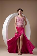 Fuchsia Appliqued Bodice Backless Prom Dress With Side Split