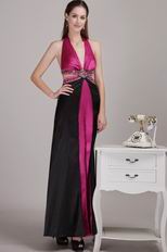 Floor Length Crystals Decorate Fuchsia And Black Prom Celebrity Dress