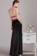 Floor Length Crystals Decorate Fuchsia And Black Prom Celebrity Dress