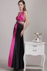 Floor Length Crystals Decorate Fuchsia And Black Prom Celebrity Dress