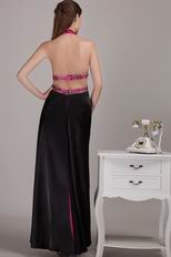 Floor Length Crystals Decorate Fuchsia And Black Prom Celebrity Dress