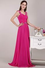 Beaded Wide Straps Deep Pink Chiffon Skirt Pageant Dress